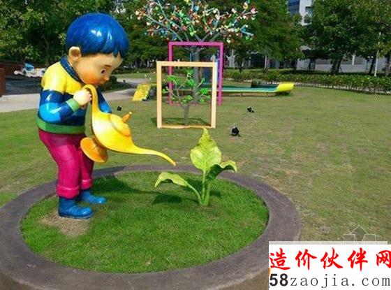 小男孩拿着神灯般的水壶灌溉着希望的幼苗